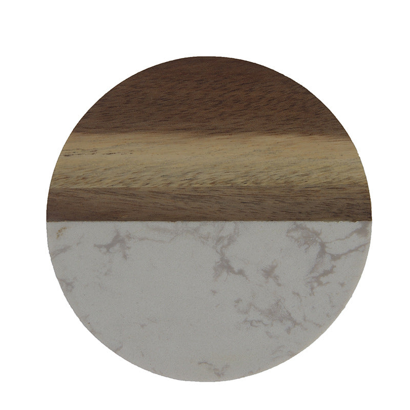 Marble pattern and acacia wood serving coaster board with rounded corners Bowlift