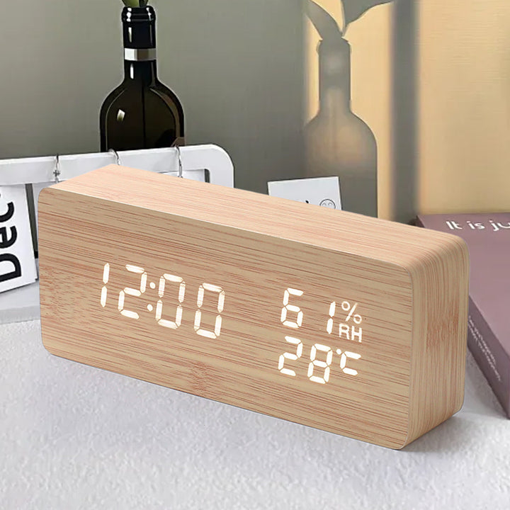 Modern Wooden LED Digital Alarm Clock with Temperature Humidity Display and Touch Controls Bowlift
