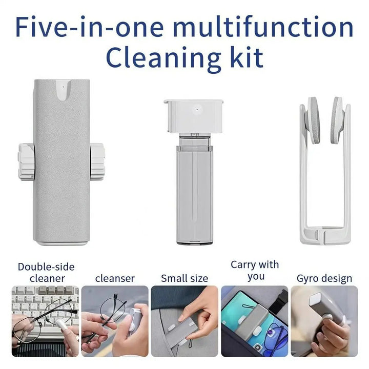 Precision eyewear and screen cleaning kit with superfiber cloth refillable spray nozzle and tactile fidget knobs Bowlift