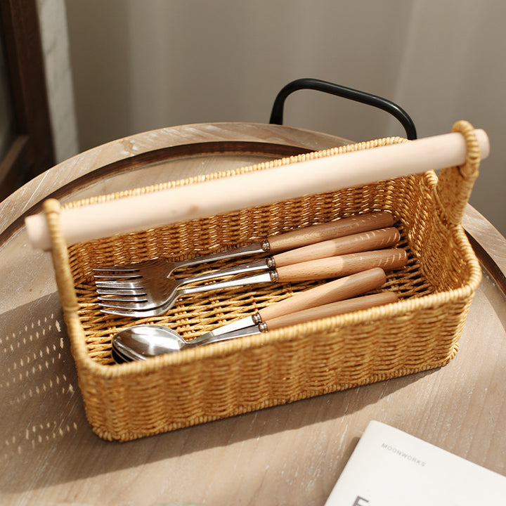 Handcrafted Woven Storage Basket with Wooden Handle Bowlift