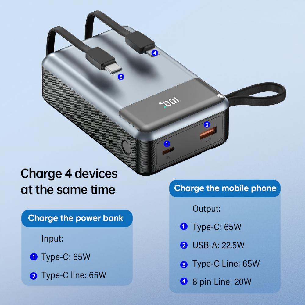 High-Capacity Fast-Charging Portable Power Bank with Built-in Cables Bowlift