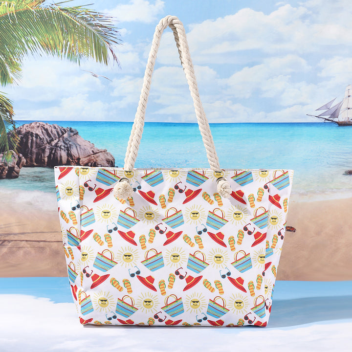 Large Canvas Rope-Handle Beach Tote Bag with Printed Flip-Flop Pattern Bowlift