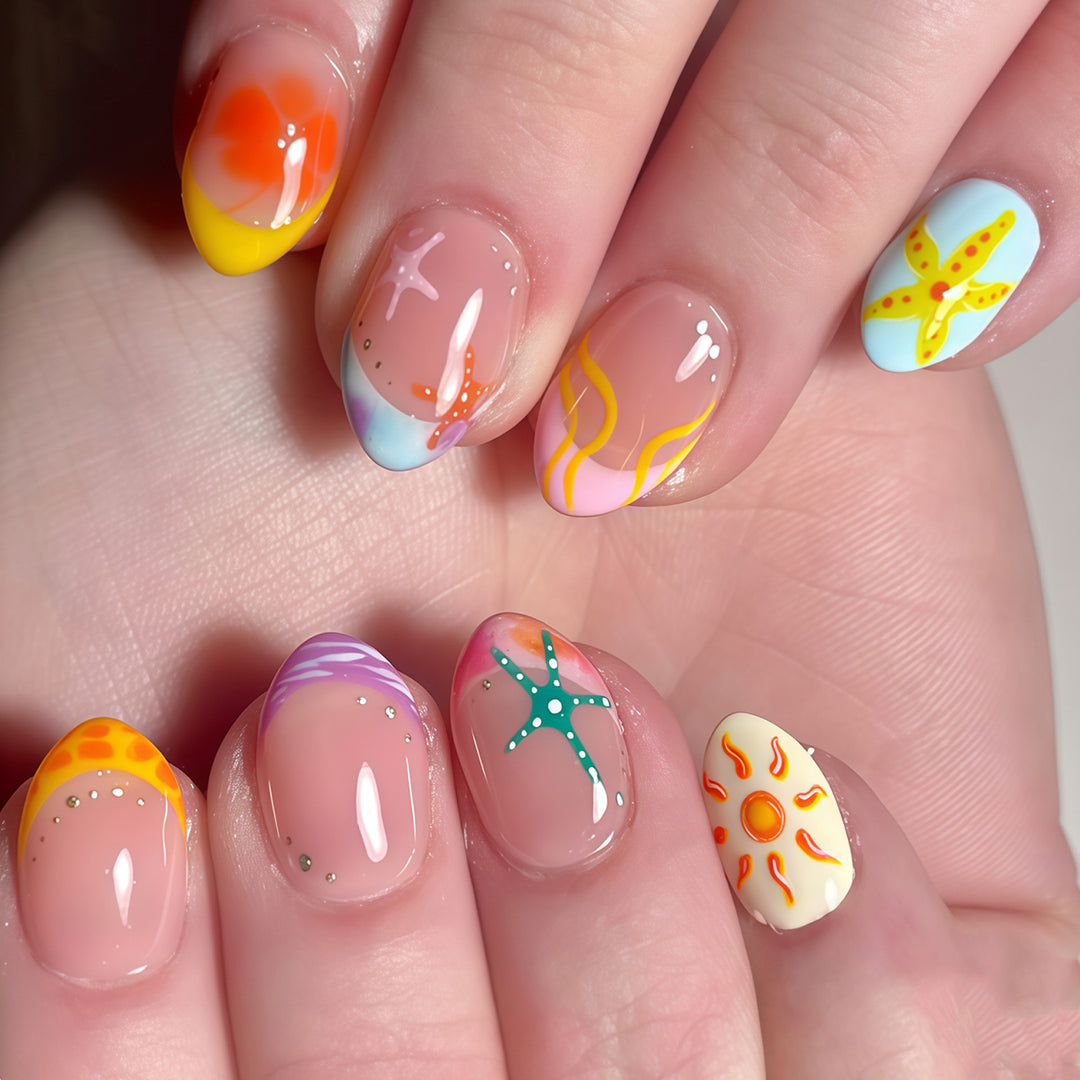 Artistic Summer-Themed Press-On Nail Art Bowlift