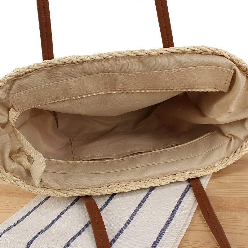 Braided Bast Handbag with Leather Handles Bowlift