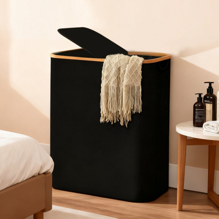 Laundry separation system with bamboo lid and multiple compartments Bowlift
