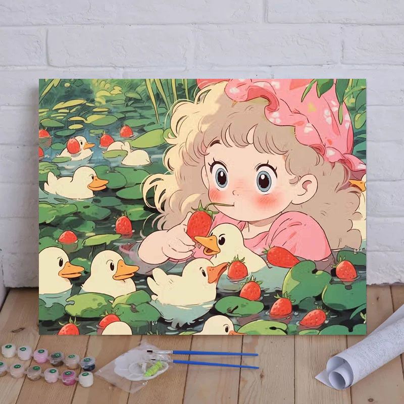 Cartoon Cat and Girl Themed Canvas Paint by Numbers Art Kit Bowlift