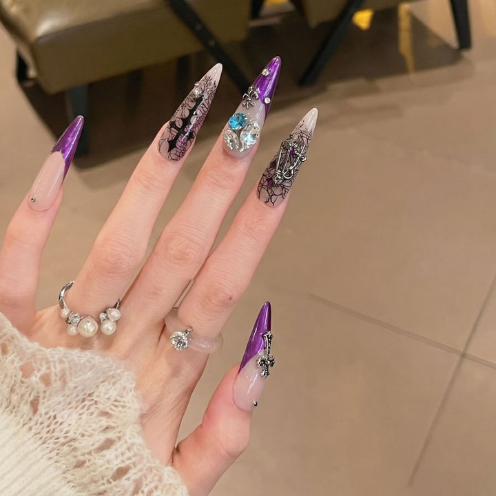 Artistic Stiletto Press-On Nail Set with Unique Floral and Gemstone Accents Bowlift