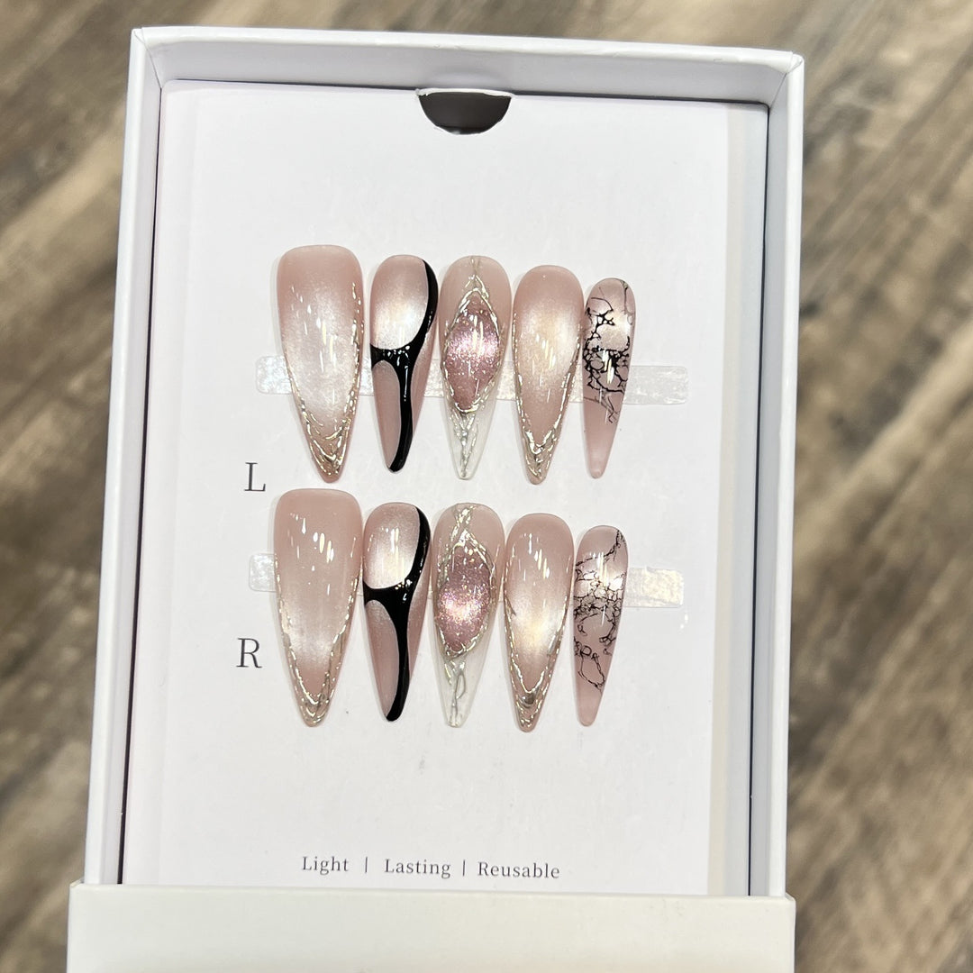 Artistic Stiletto Press-On Nail Set with Unique Marble Design Bowlift