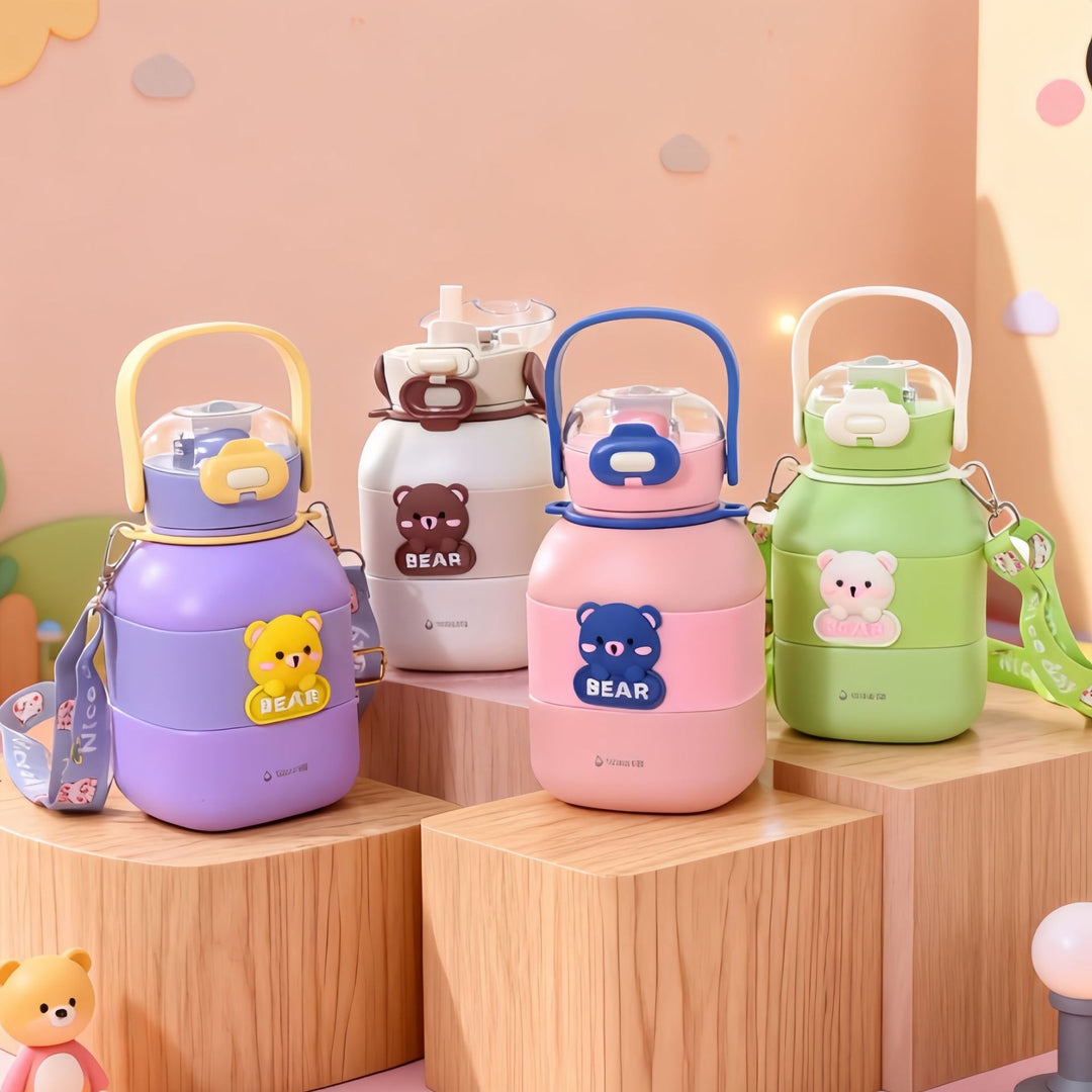 Ladies Insulated Drinking Bottle with Integrated Carry Strap and Animal Motif Bowlift