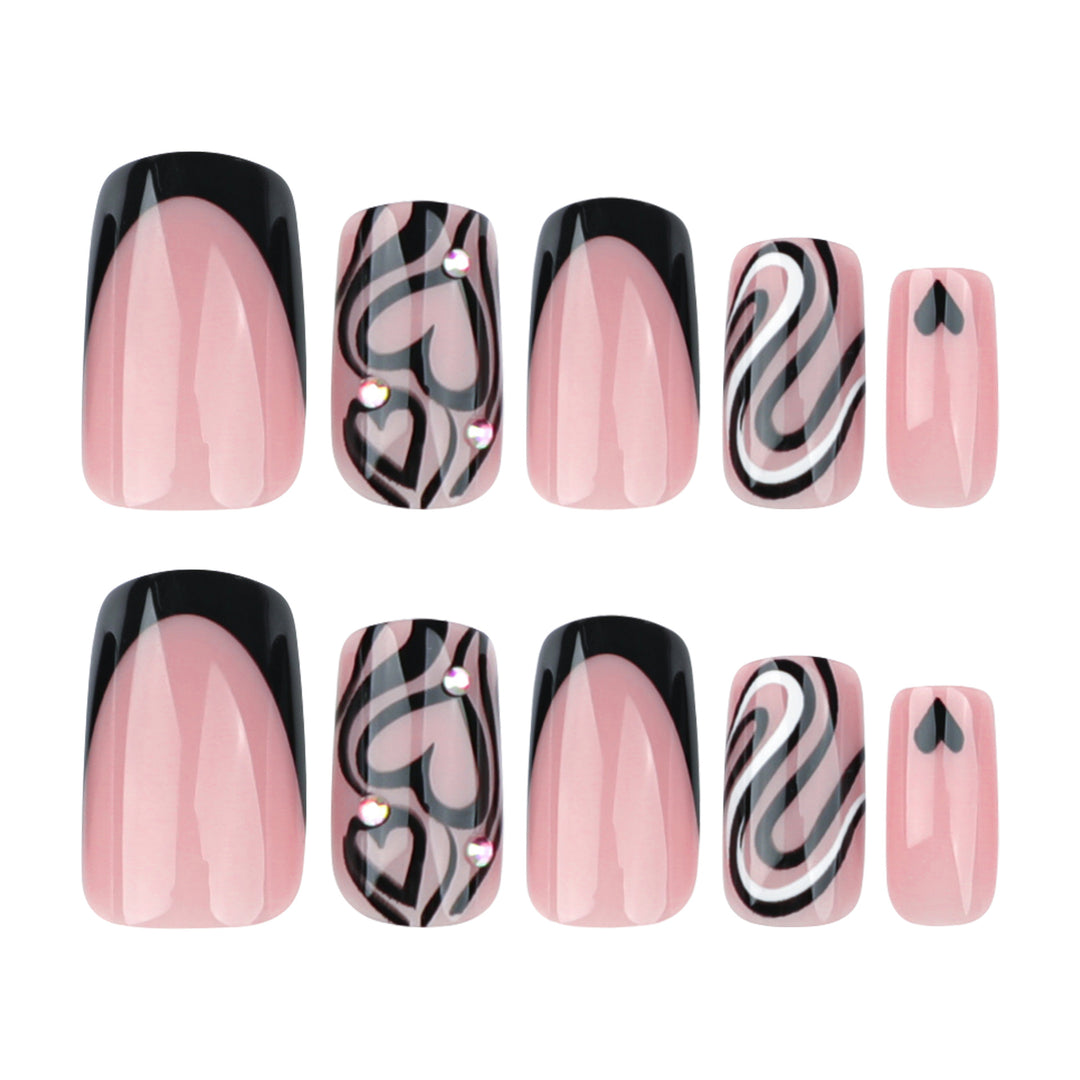 Artful Nail Extensions with Creative Heart and Wave Pattern Bowlift