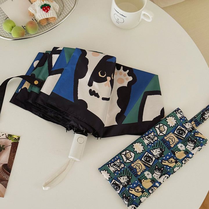 Women's Foldable Umbrella with Playful Cat Pattern Bowlift
