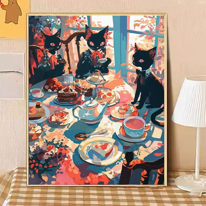 Whimsical Cat-Themed Afternoon Tea Canvas Art Bowlift