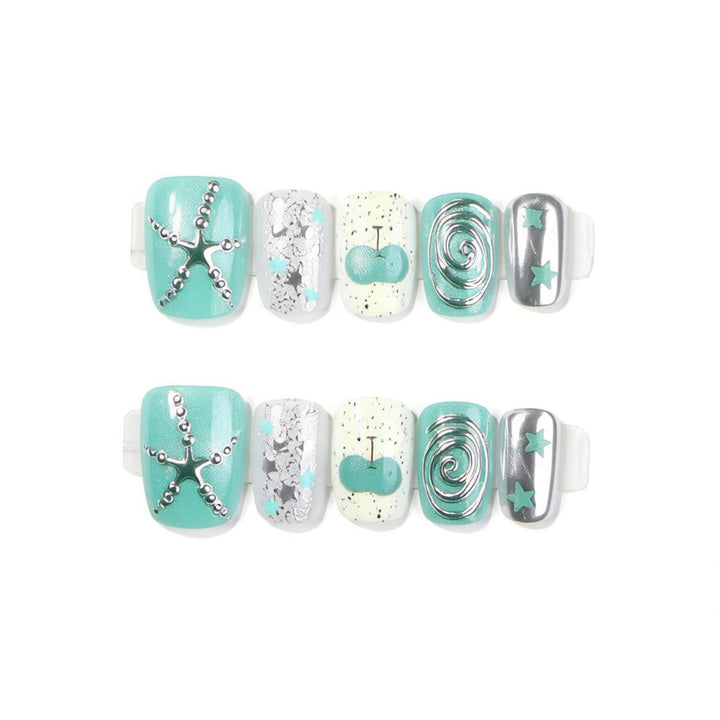 Decorative Press-On Nail Art Set with Starfish and Silver Accents Bowlift