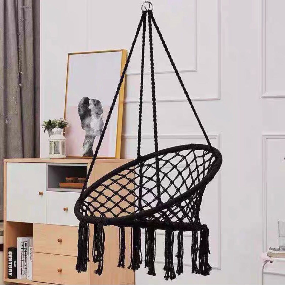 Boho macrame hanging swing chair with faux fur cushion and fringe Bowlift