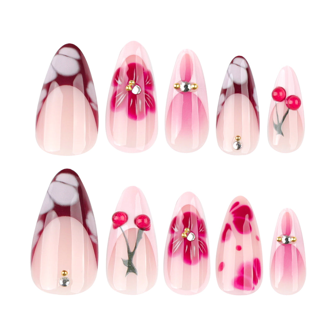 Artistic Floral and Cherry-Embellished Press-On Nails Bowlift