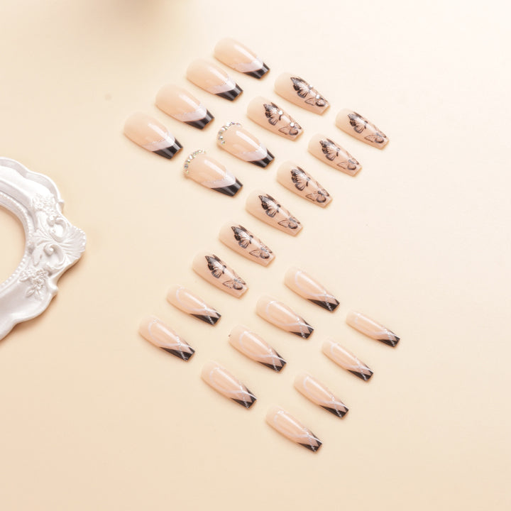 Artistic Long-Stiletto Press-On Nail Art with Butterfly Design Bowlift