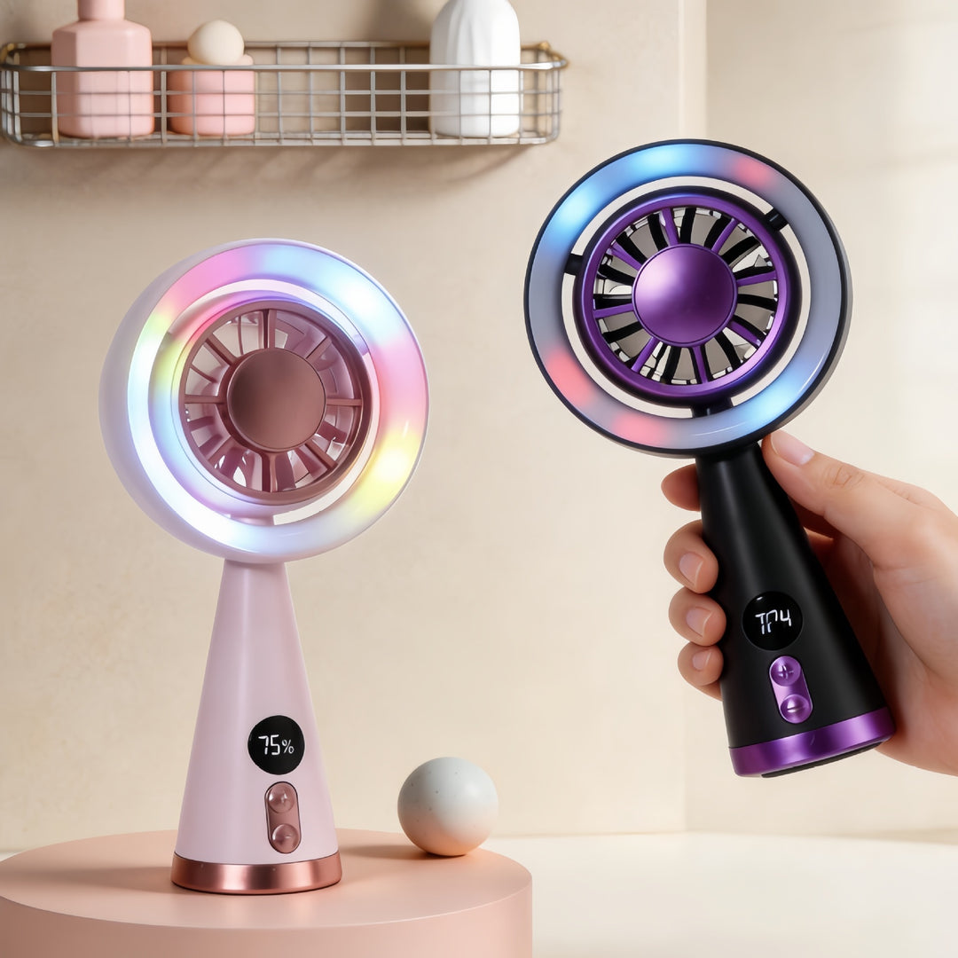 Portable hand fan with RGB LED lighting and precise temperature display Bowlift
