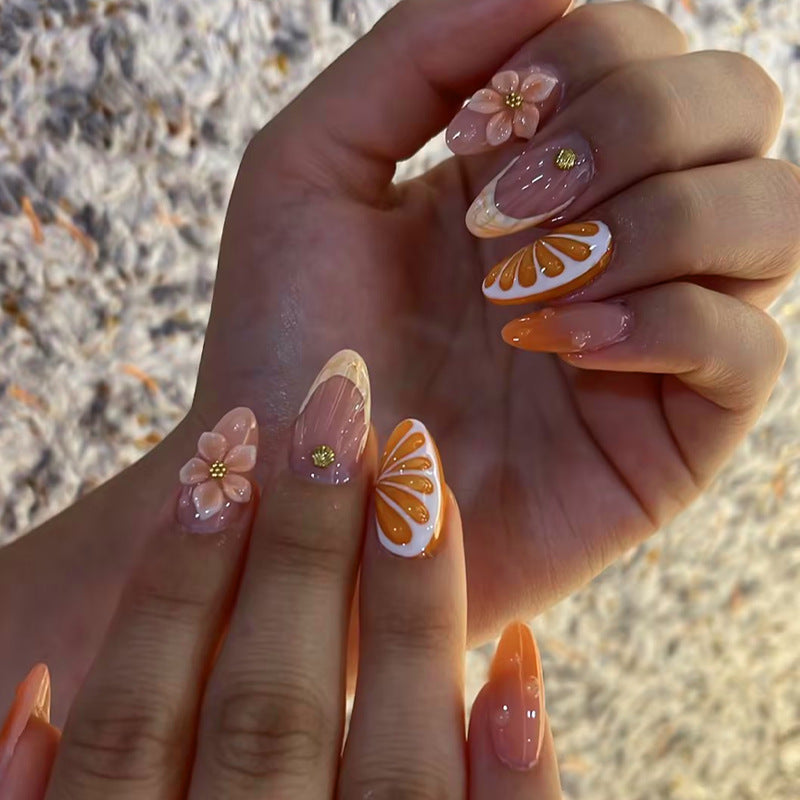 Decorative Press-On Nail Set with Floral and Citrus Accents Bowlift