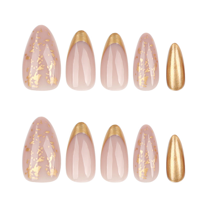 Artistic Stiletto Nails with Glitter and Gold Accents Bowlift