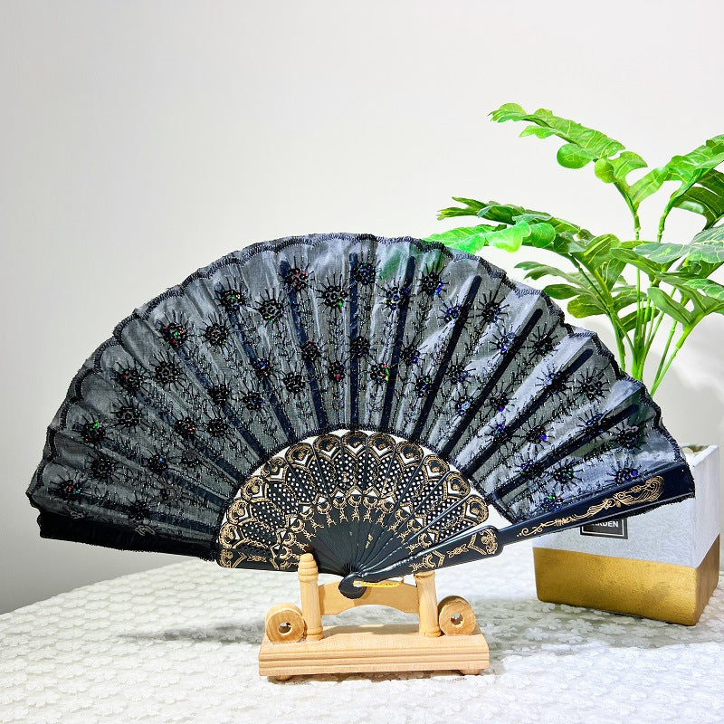 Women's folding fan with artistic decorations Bowlift