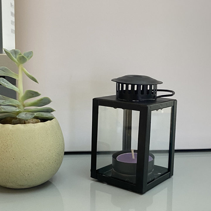 Mini Metal Tea Light Lantern with Glass Panels and Foldable Carry Handle Bowlift