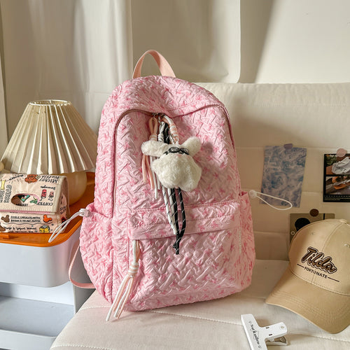 Textured Fabric Backpack with Cute Charms