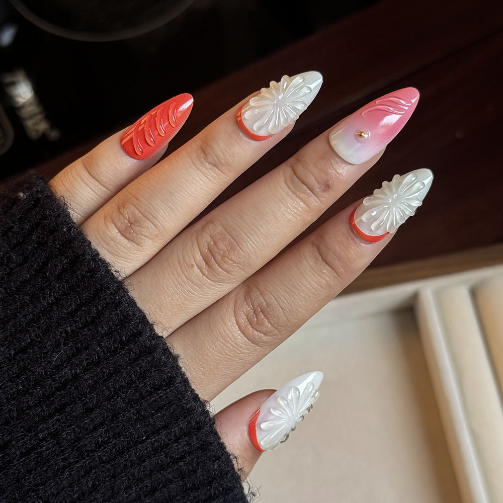 Handcrafted Floral Press-On Nail Set Bowlift
