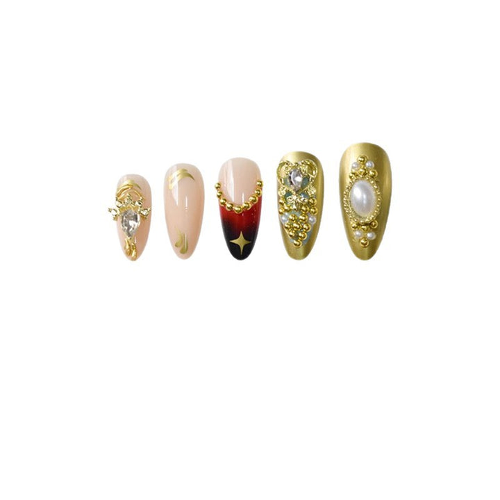 Artistic Decorative Press-On Nail Set with Gemstone and Pearl Accents Bowlift