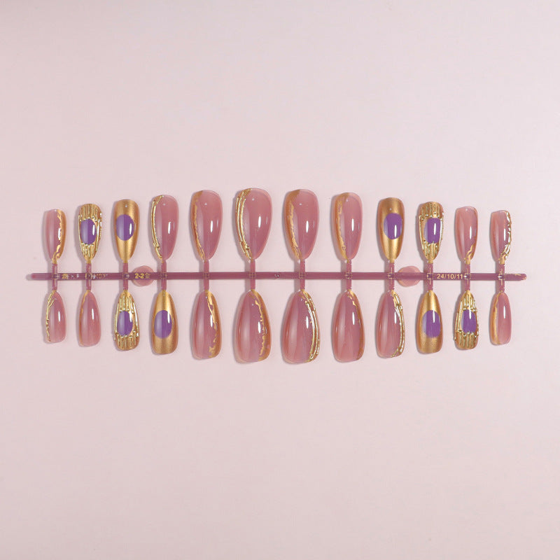 Artistic Press-On Nail Set with Gold and Purple Accents Bowlift