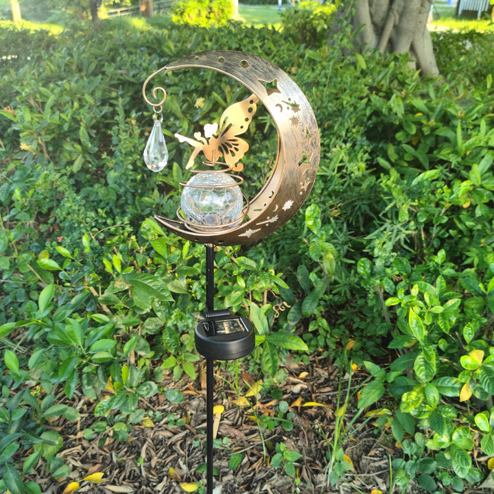 Crescent Moon Solar Garden Stake Light With Rotating Crackle Glass Orb And Butterfly Accent Bowlift