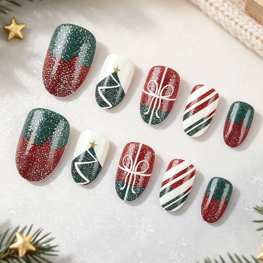 Festive Christmas-Themed Press-On Nail Art Bowlift
