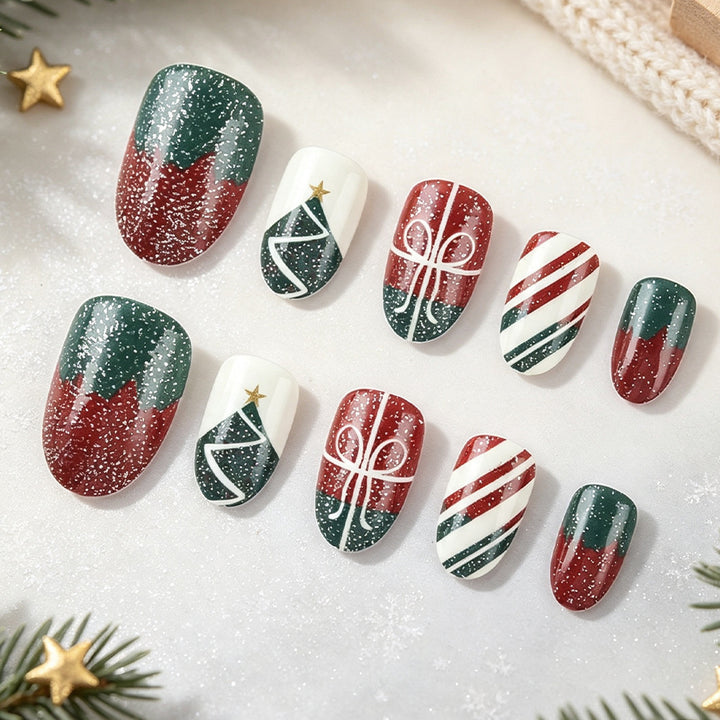 Festive Christmas-Themed Press-On Nail Art Bowlift
