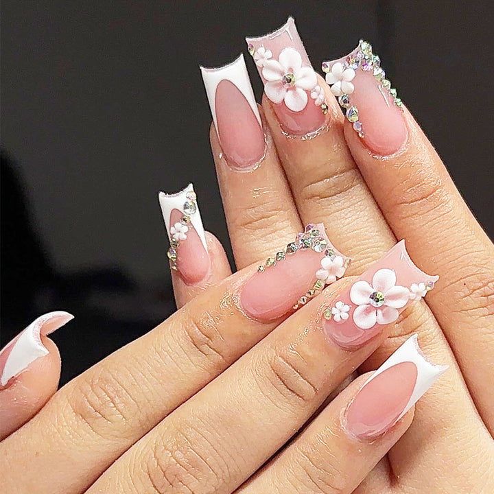 Floral Accent Long Gel Press-On Nails Bowlift