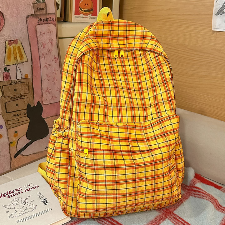 Backpack with Practical Check Pattern and Cute Plush Pendant Bowlift