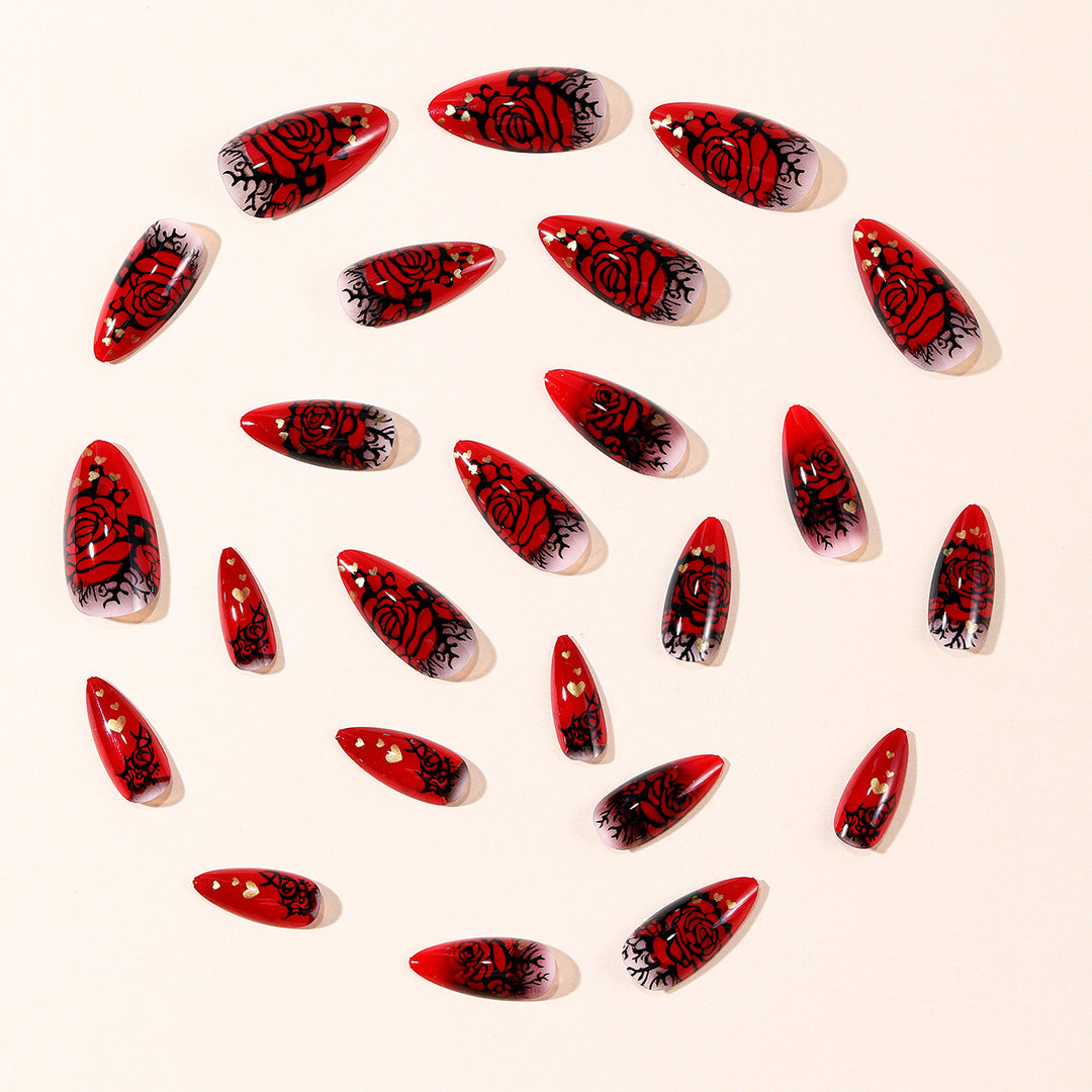 Gothic Rose-Design Stiletto Nail Art Extensions Bowlift