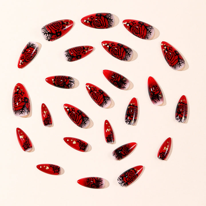Gothic Rose-Design Stiletto Nail Art Extensions Bowlift