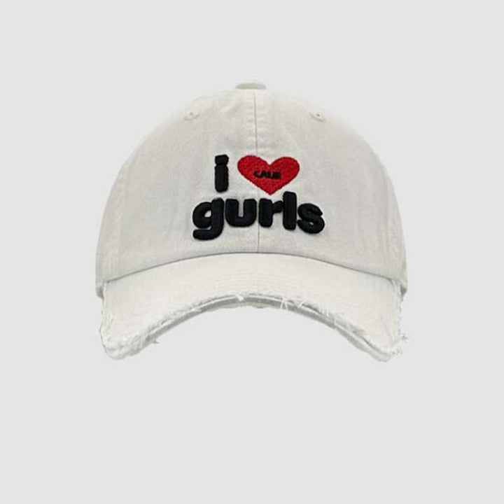 Women's Distressed Cotton Baseball Cap with Fun Embroidery Bowlift