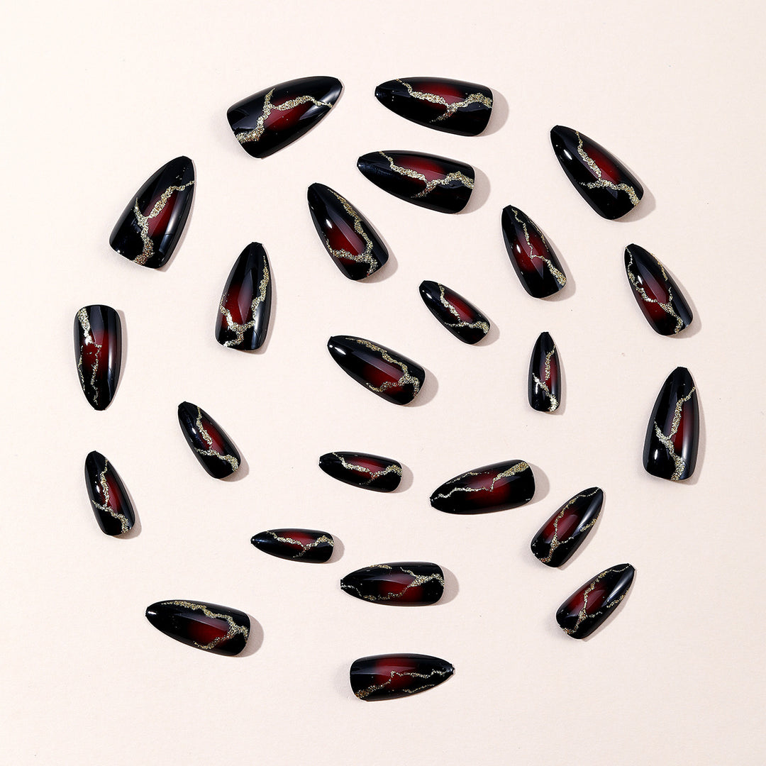 Glossy Stiletto Nail Art Extensions with Gold Accents Bowlift