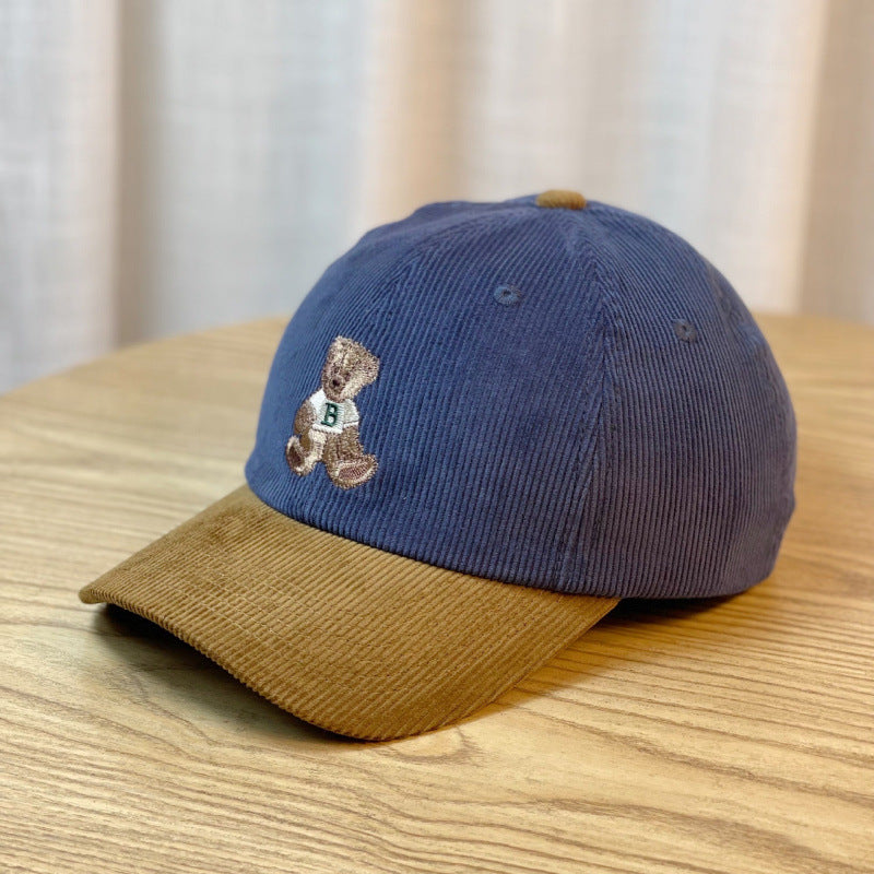 Women's Corduroy Baseball Cap with Teddy Bear Embroidery Bowlift