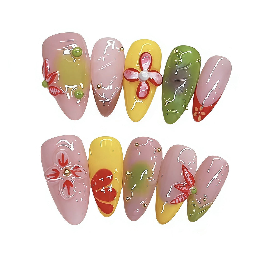 Artistic Floral-Design Press-On Nail Art Set Bowlift