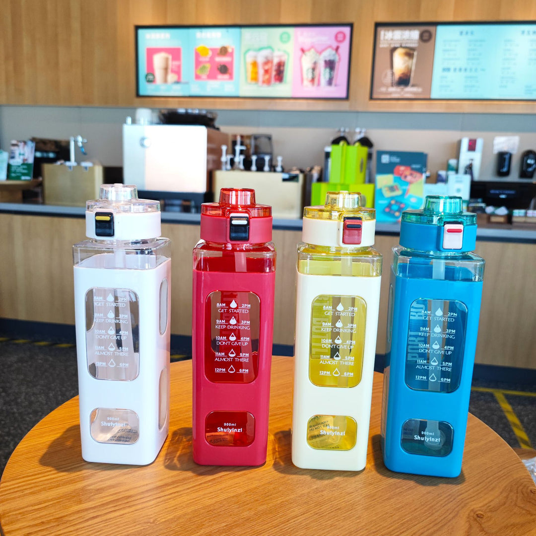 Women's water bottle with integrated time markers and straw Bowlift