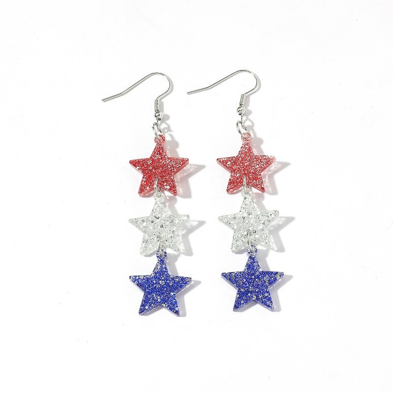 Women's long star pendant earrings made of glitter resin with three-tier chain suspension and fishhook bowlift