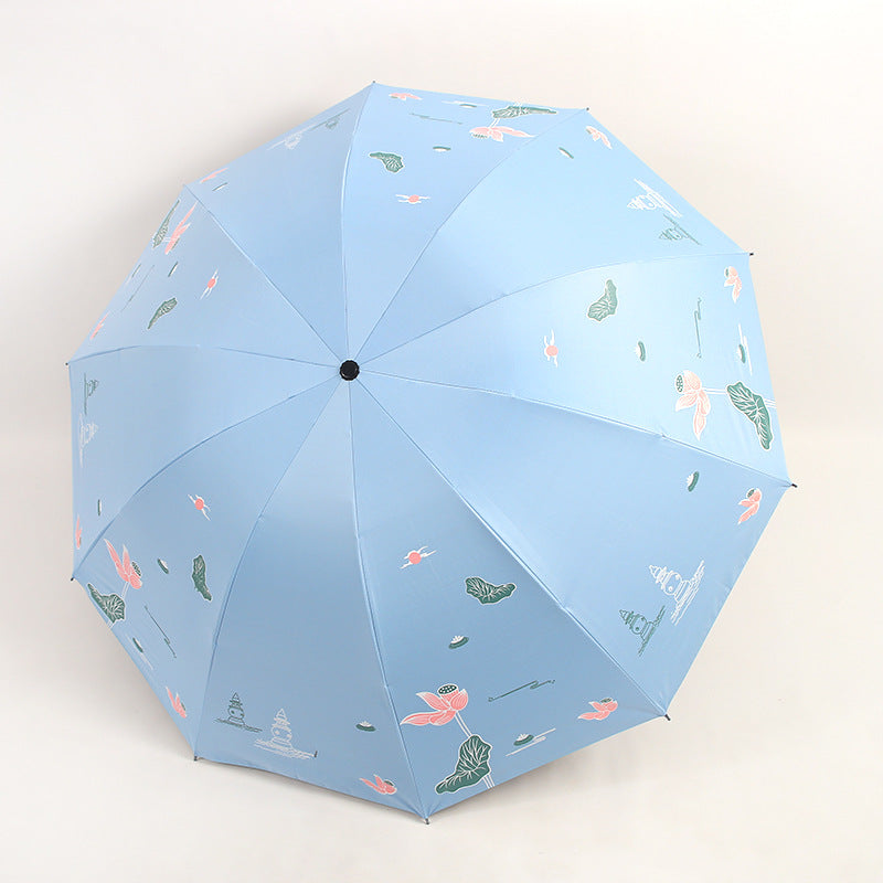 Women Folding Umbrella with Floral Accents Bowlift