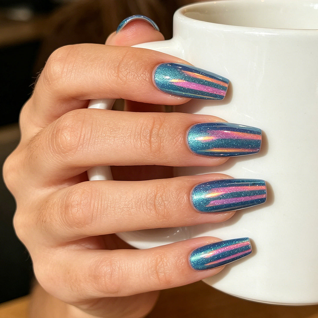 Glossy Press-On Nail Extensions with Glitter Stripes Bowlift