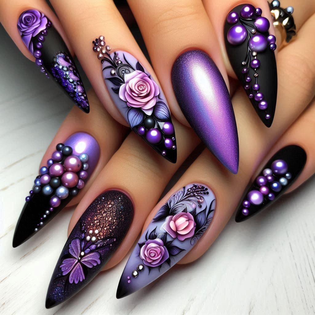Elegant Artificial Nails with Raised Flower and Pearl Design Bowlift
