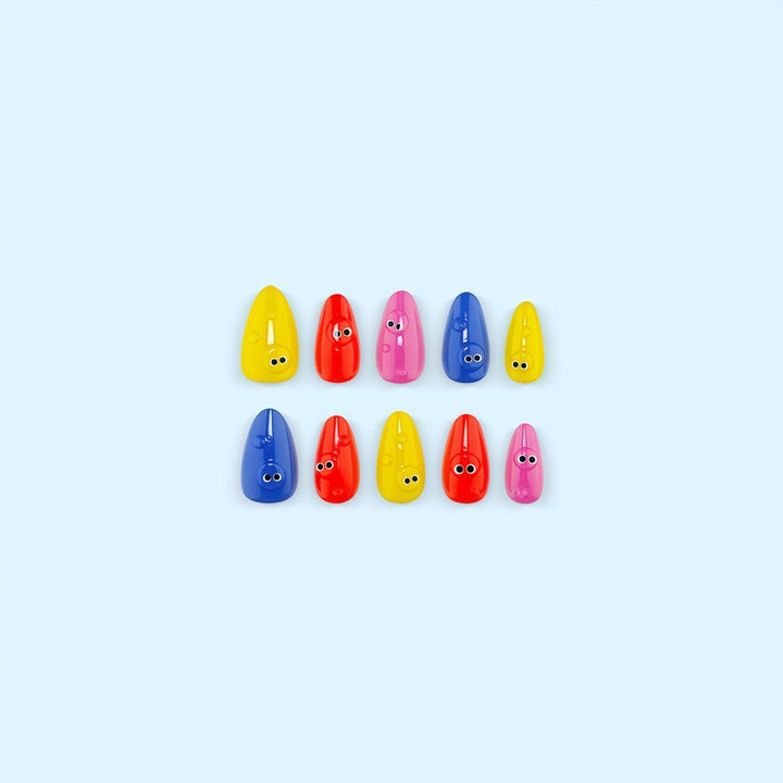 Creative artificial nails with funny faces and colorful accents Bowlift