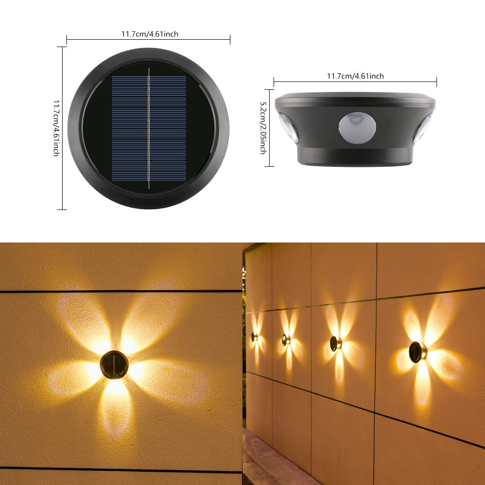 Round Solar Wall Lamp With Quad-Beam LED Decorative Outdoor Sconce And Weatherproof Housing Bowlift