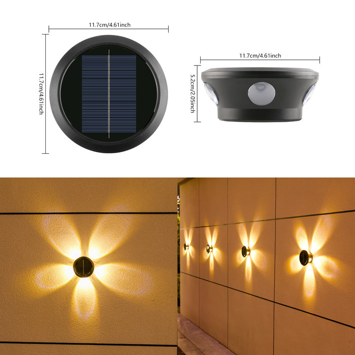 Round Solar Wall Lamp With Quad-Beam LED Decorative Outdoor Sconce And Weatherproof Housing Bowlift