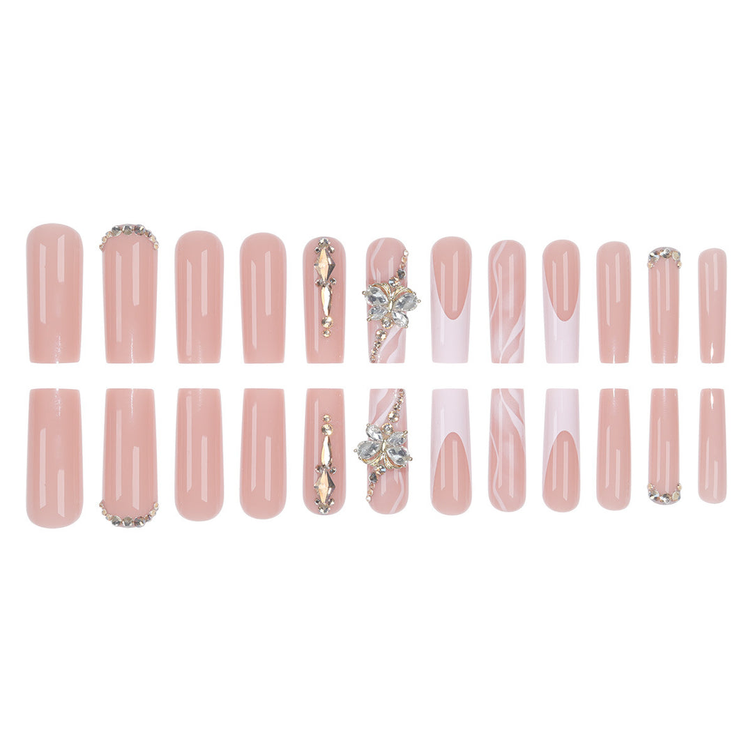Elegant Long Press-On Nail Set with Decorative Gem and Floral Accents Bowlift