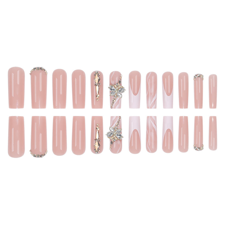 Elegant Long Press-On Nail Set with Decorative Gem and Floral Accents Bowlift